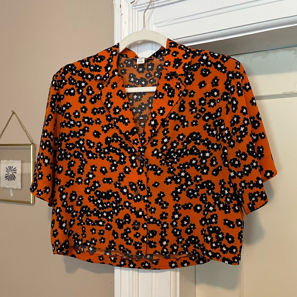 Topshop Orange and Black Floral Blouse